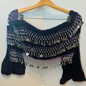 Dark Purple Velvet Belly Dance Zumba Hip Scarf with Silver Coins